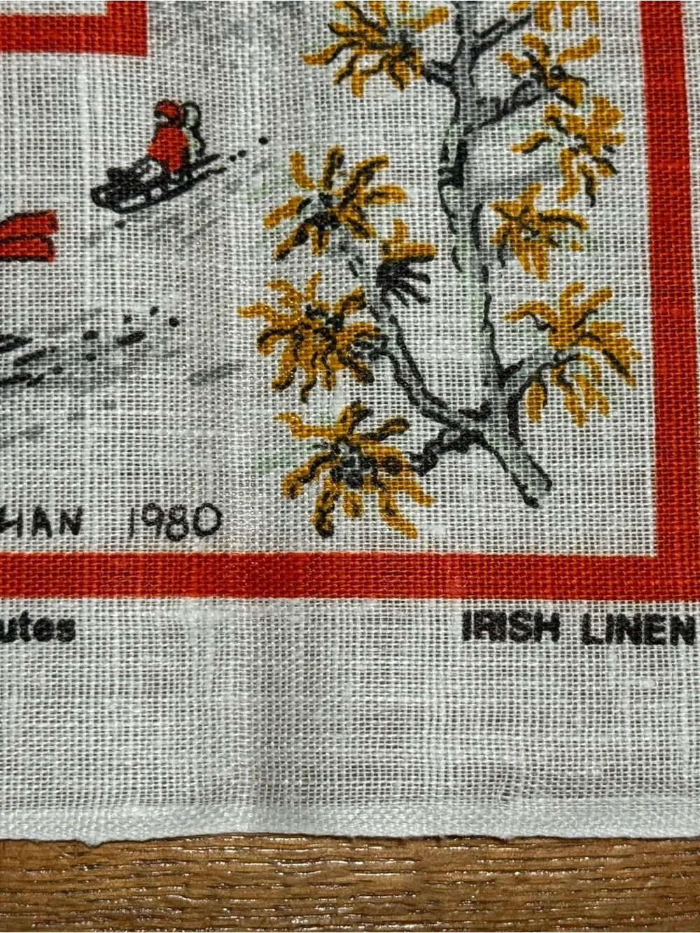 VTG 1980 Irish Linen Tea Towel Winter Scene D Vaughan Oxfordshire WI Folk